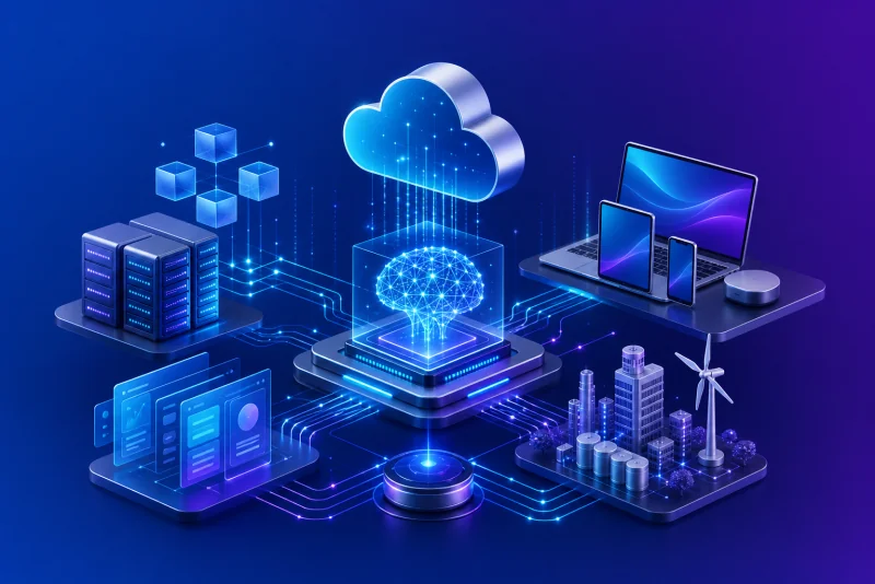 Technology trend network connecting advances in AI, cloud, devices, and software