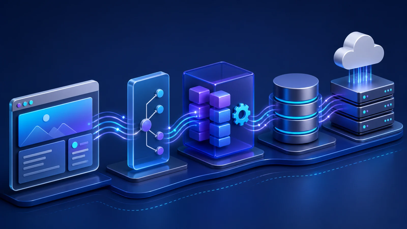 Web application stack connecting interface, server logic, database, and deployment